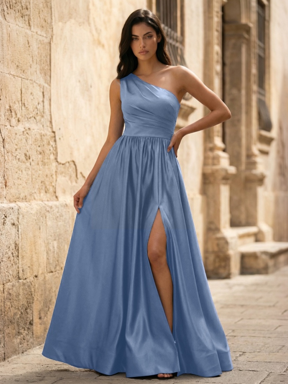 JJ's Vitani Ball Gown One Shoulder Sleeveless Satin Dress Slate Blue Size 6